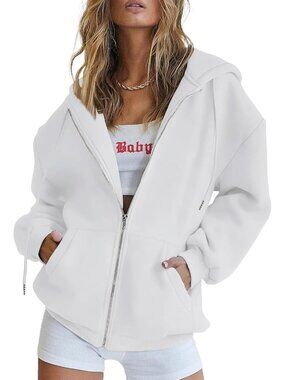 Women's White Long Sleeve Pockets Fall Zip Up Hoodies Sweatshirts Track Jackets